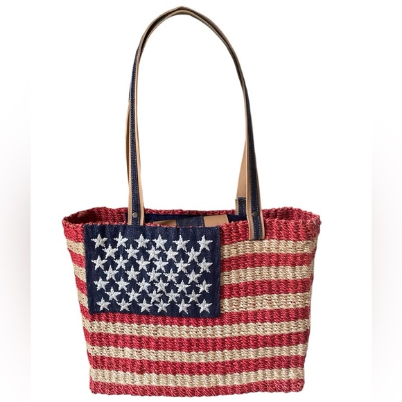 Amanda Smith American Flag Red White Blue Patriotic Straw Summer Beach Tote Bag - Picture 2 of 16